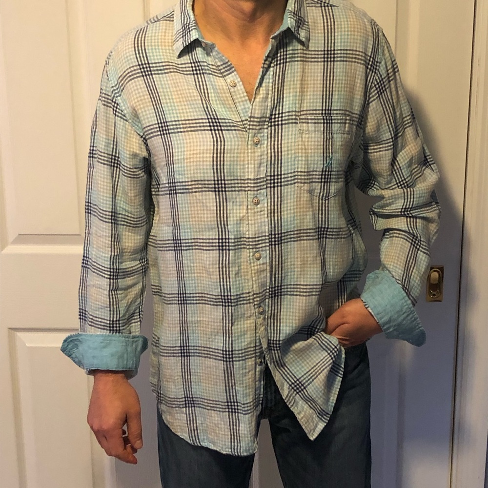 Nautica brand, men's plaid linen button frt shirt w/contrast slv cuffs, size L